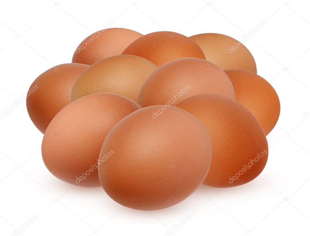Ten brown chicken egg isolated on white background