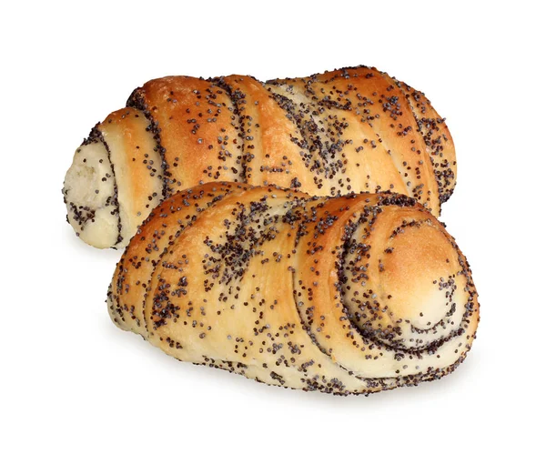 İki ekmek rulo üzerinde beyaz izole haşhaş tohumu ile kablosuz arka plan — Stok fotoğraf