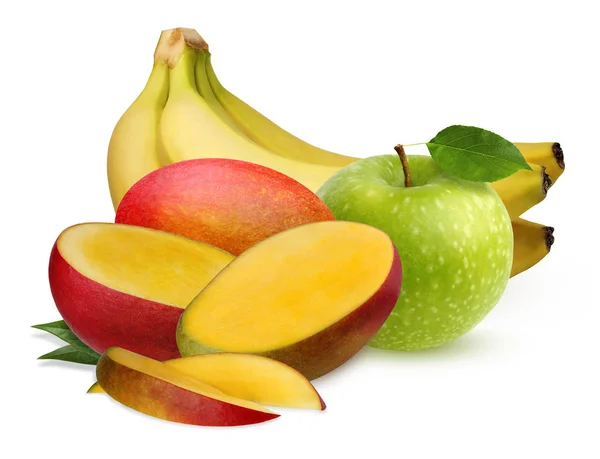 Green Apple, bananas and mango isolated on white background — Stock Photo, Image