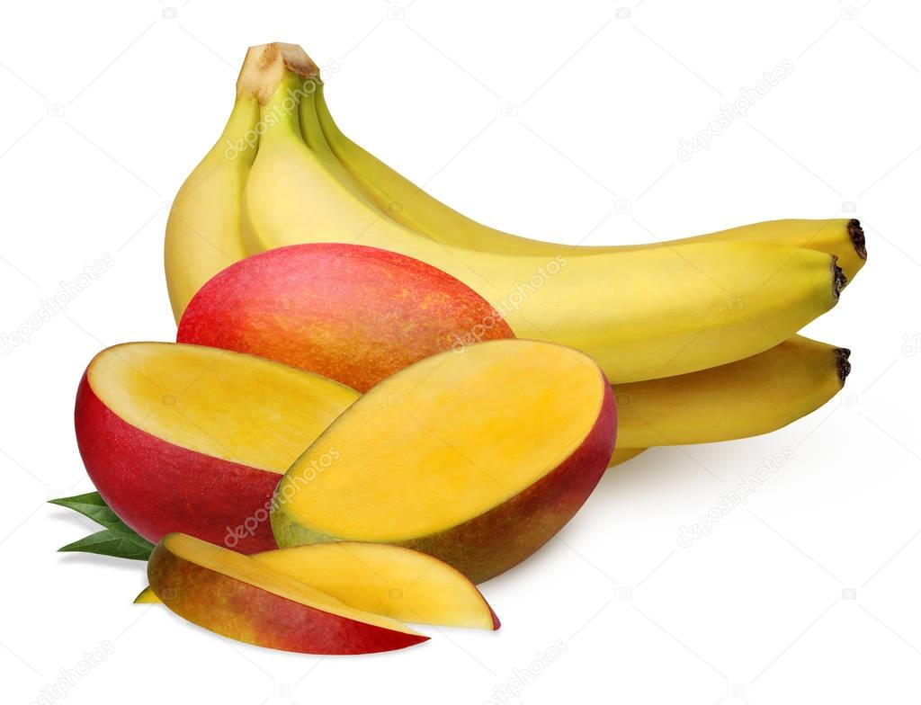 Bananas and mango isolated on white background.