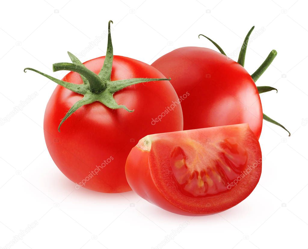 Ripe tomatoes and slice isolated on white background