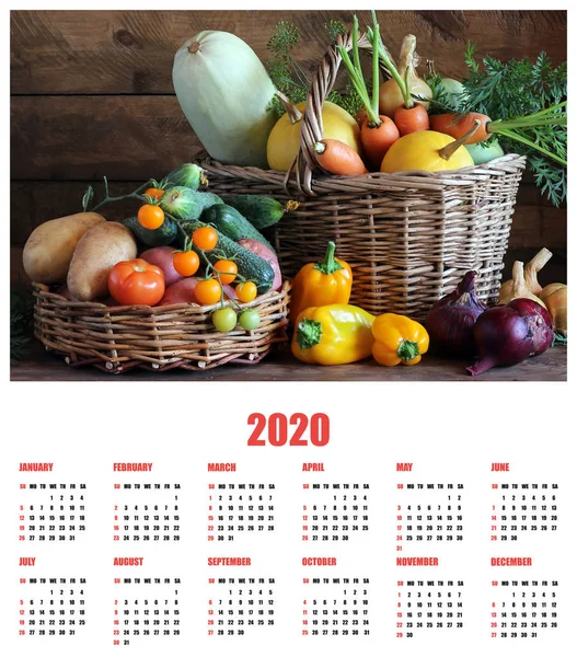 design wall poster with calendar for 2020 and baskets of vegetab