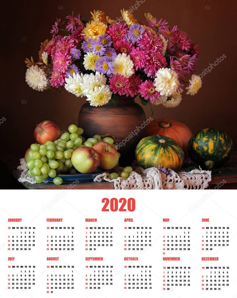 Page design calendar2020.  Autumn still life with a bouquet of c