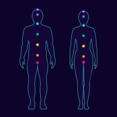 İnsan vücudunda yedi çakra. vektör illüstrasyonu. 