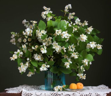blooming Jasmine, bouquet of branches with white flowers in a gl
