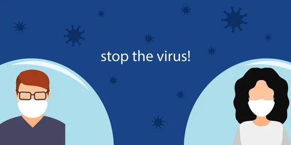 Virüsü durdurun! Tıbbi maskeli bir adam ve bir kadın birbirinden uzak bir mesafede, virüs koruması. vektör illüstrasyonu.
