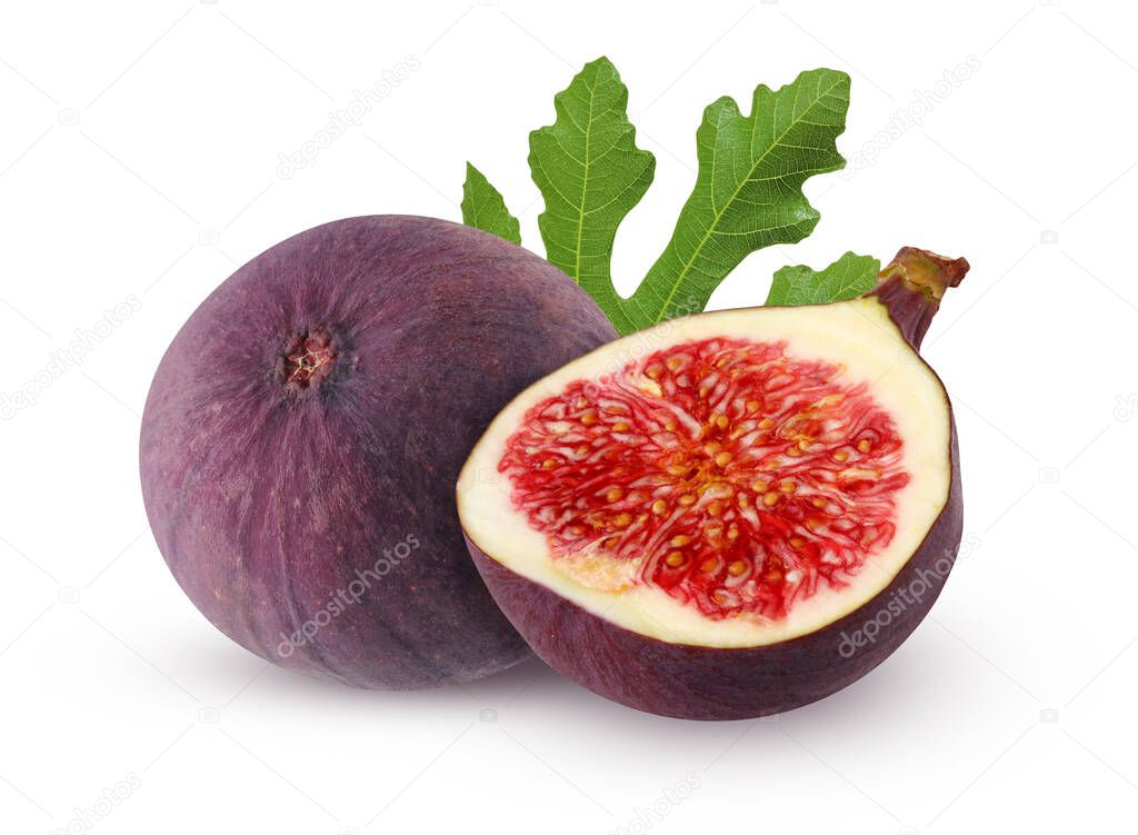 purple figs isolated on a white background with clipping path. whole fruit and a half with a leaf.