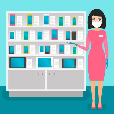 Tıbbi maske ve eldivenlerle bir cep telefonu dükkanında kız satıcı. vektör illüstrasyonu.