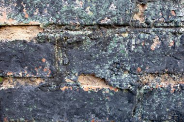 Çok eski bir kırık tuğla yüzeyi ve soyulmuş boyası. Koyu mavi, yeşil renkler hüküm sürüyor