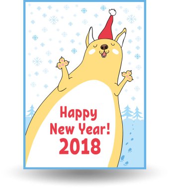Yeni yıl sarı köpek sembolü 2018 kartpostal kırmızı harflerle