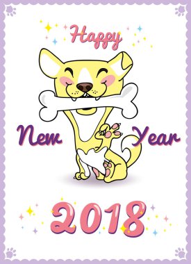 Yeni yıl sarı köpek sembolü 2018 kartpostal mor harflerle