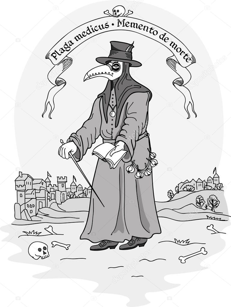 Plague doctor in the style of medieval engraving