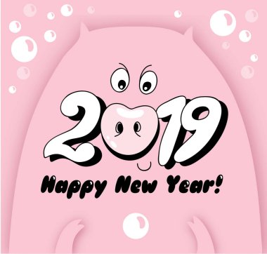 Pembe domuz yeni yıl sembolü 2019 kartpostal