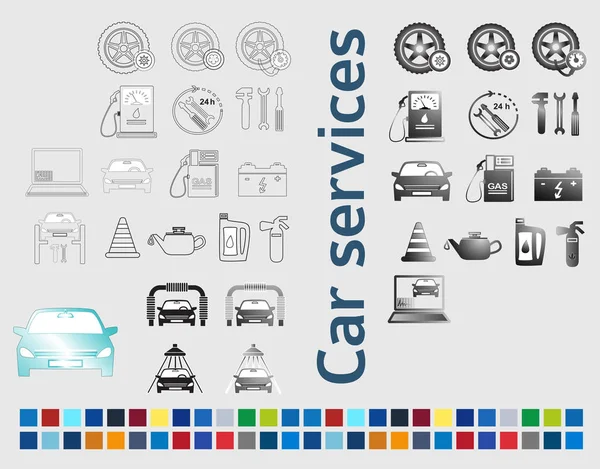Υπηρεσία αυτοκινήτων σκηνικά στοιχεία χρώματος στυλ εικονίδια γραμματοσειρές — Διανυσματικό Αρχείο