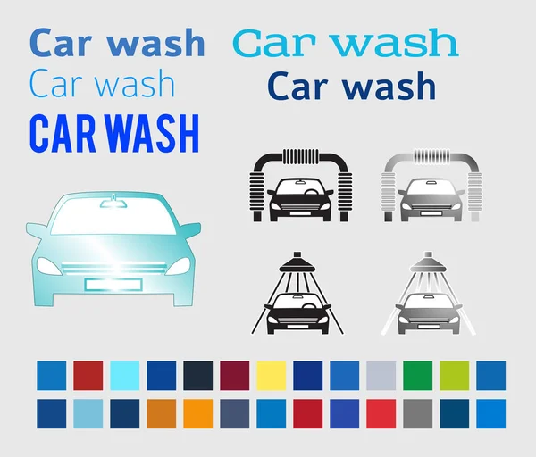 Set lavaggio auto elementi di design colore stile icone caratteri — Vettoriale Stock