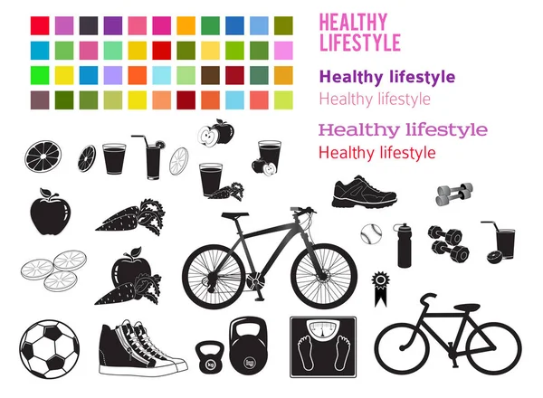 Estilo de vida saudável conjunto elementos de design cor estilo ícones fontes — Vetor de Stock