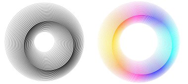Tasarım elemanları. Bir sürü mor çizgi çember şeklinde dalgalar. Beyaz arkaplanda soyut halka dalgalı çizgiler izole edildi. Vektör illüstrasyon EPS 10. Harmanlama Aracı kullanılarak oluşturulan çizgilerle renkli dalgalar