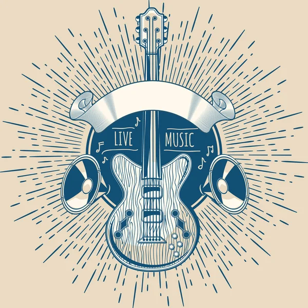 Emblema de guitarra com texto música ao vivo —  Vetores de Stock