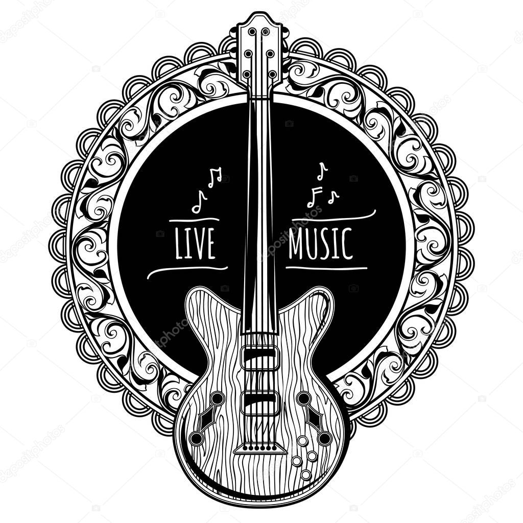 Guitar emblem with text live music, vector Illustration