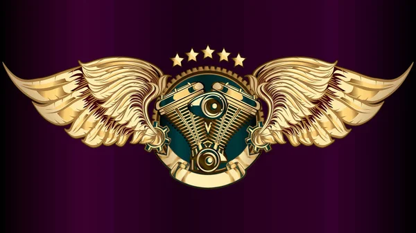 Emblema con motor y alas — Vector de stock