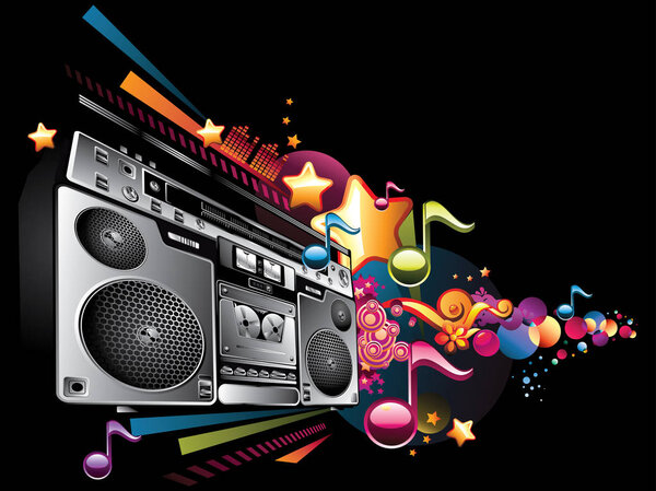 красочные ноты и бумбокс
