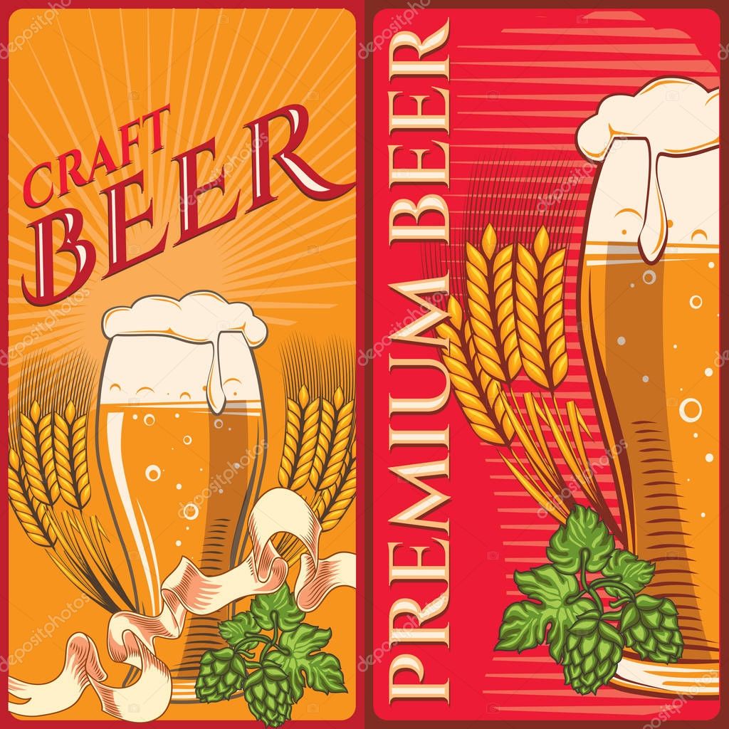 Craft cold beer emblem with glasses, vector illustration