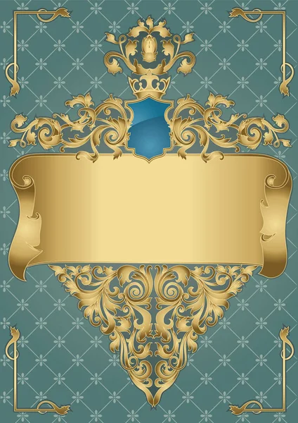 Gouden Decoratieve Frame Met Florale Elementen Blauwe Achtergrond Vectorillustratie — Stockvector