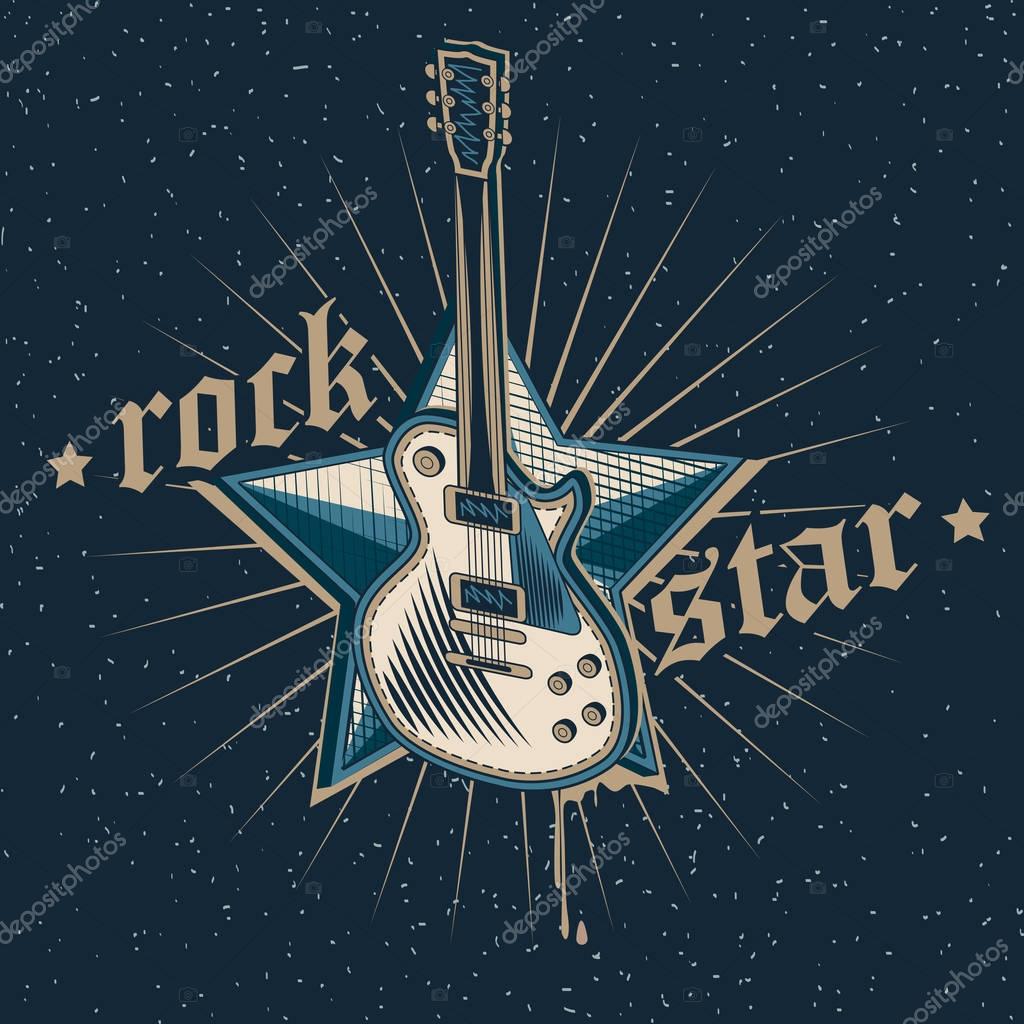 Guitar and star on dark blue background, vector illustration