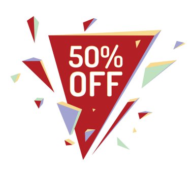 Yüzde 50 indirimli indirimli, soyut kırmızı üçgen reklam levhası. 