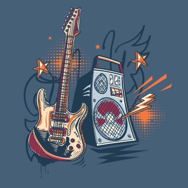 Müzik tasarımı - çizilmiş elektro gitar ve yükseltici