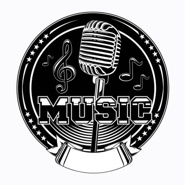 Mikrofon ve notalarla monokrom müzik amblemi