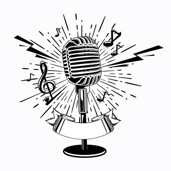 Mikrofon Und Noten Musik Emblem — Stockvektor