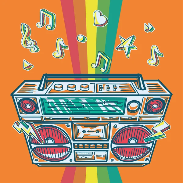 Funky Kolorowe Rysowane Boom Box Projekt Muzyczny — Wektor stockowy