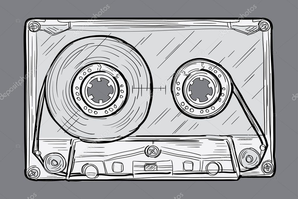 Black and white drawn audio cassette