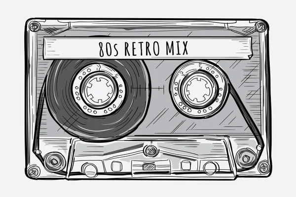 Schwarz Weiß Gezeichnete Retro Audio Kassette — Stockvektor