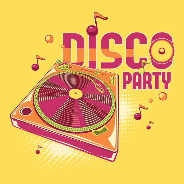 Funky Disegno Musicale Colorato Poster Con Giradischi Testo Disco Party — Vettoriale Stock