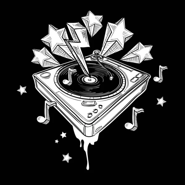 Schwarz Weiß Funky Gezeichnetes Plattenspieler Musikdesign — Stockvektor