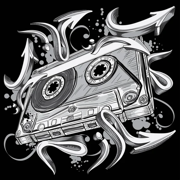 Funky Black White Audio Cassette Graffiti Arrows — Stock Vector