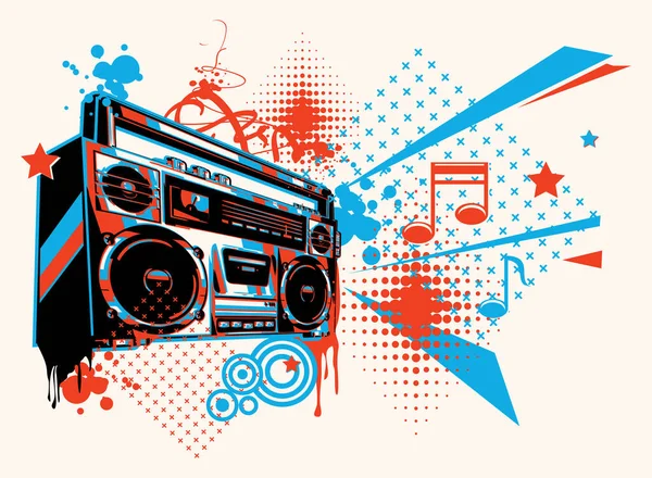 Disegno Musicale Colorato Funky Poster Con Boom Box — Vettoriale Stock