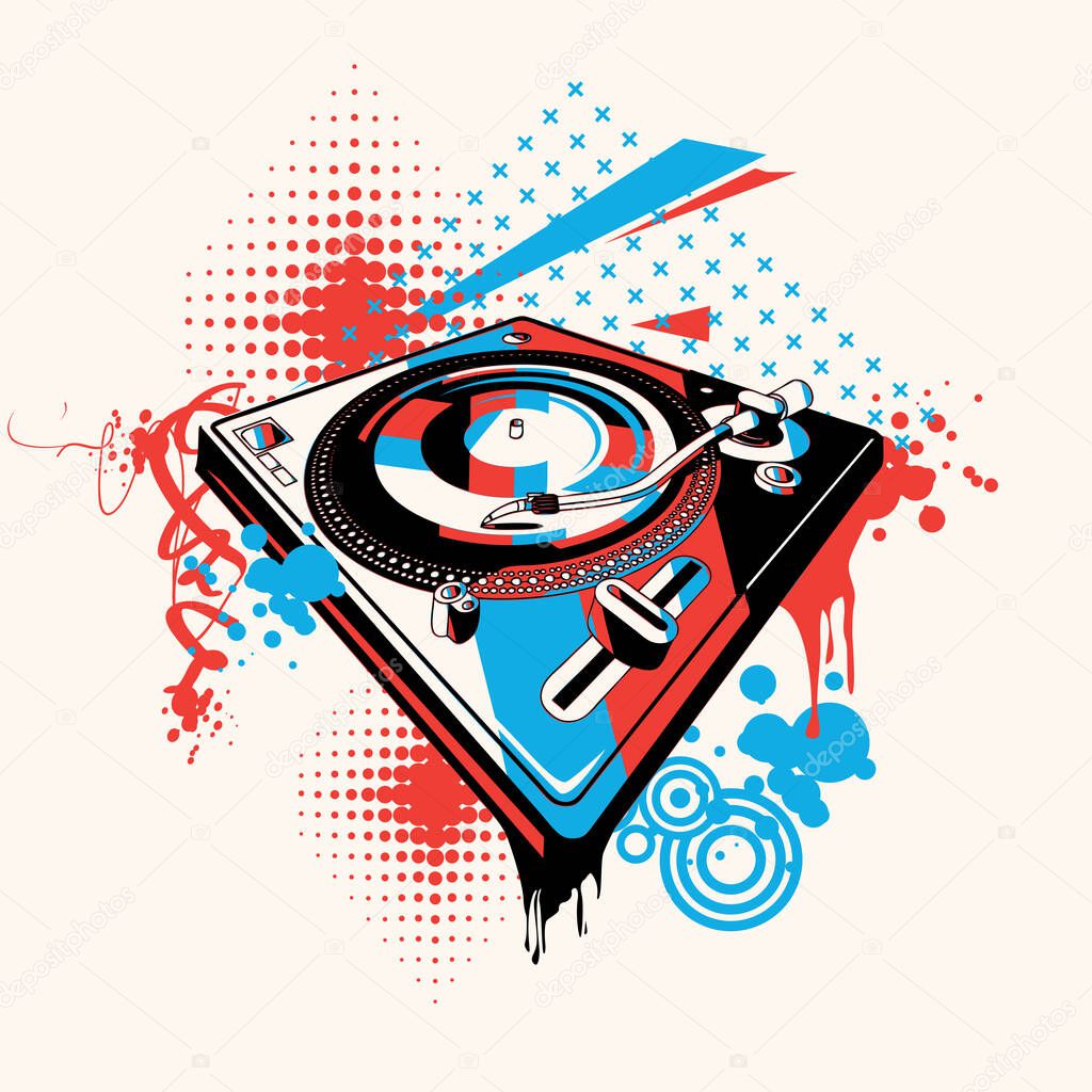 funky colorful music design of poster with turntable