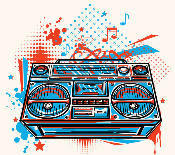 Funky colorful boom box on graffiti background