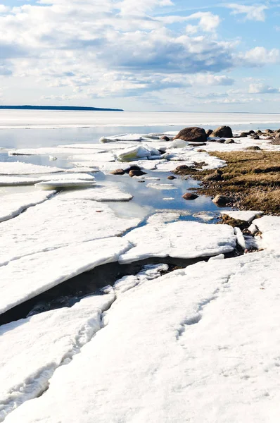 Sunny Winter Lake Shore Landscape Now Ice Blue Cloudy Sky Royalty Free Stock Photos