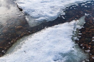 Eriyen kar ve buz bir bahar göl kıyısındaki closeup, Bahar