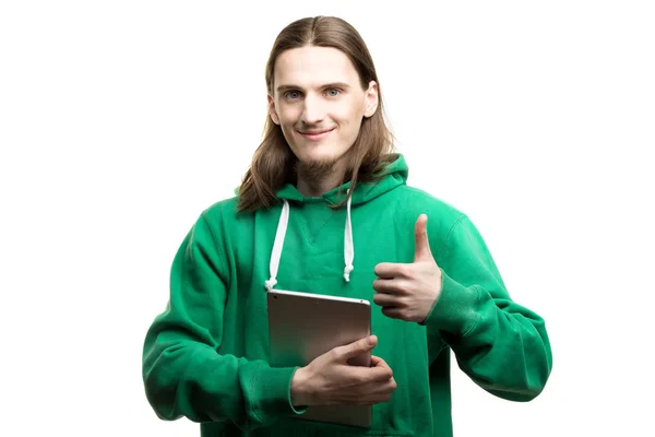 Porträt Eines Jungen Gut Aussehenden Mannes Grünem Kapuzenpulli Der Die — Stockfoto