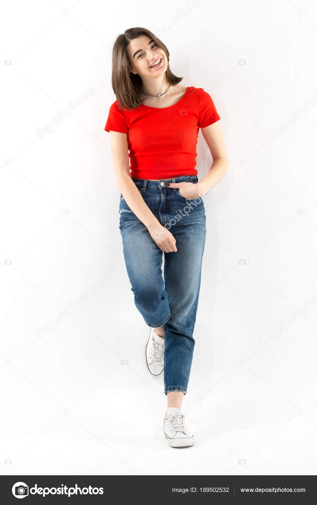 red shirt and jeans