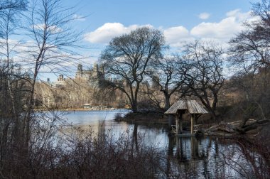 New York, Ny / Amerika Birleşik Devletleri - Mart 2016: gölet ve Central Park, mavi gökyüzü ve çıplak ağaçlar, Bahar manzara bir ahşap çardak