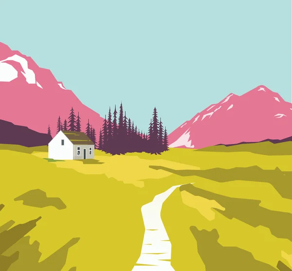 Paysage de montagne avec une maison solitaire — Image vectorielle