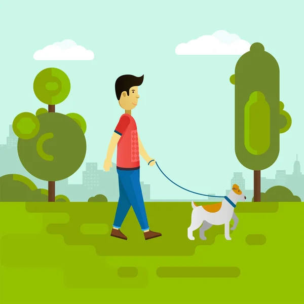 Young man walking with dog in the park. — Stock Vector