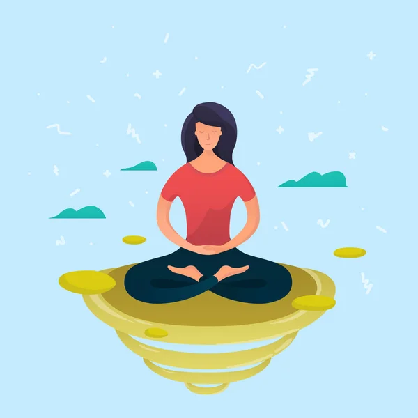 Fiatal nő meditál lótuszpózban. — Stock Vector