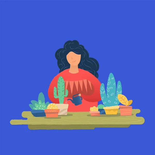 Ung kvinna vattna krukväxter. — Stock vektor